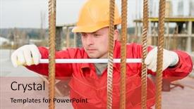  Presentation with construction site construction - Presentation theme featuring house quality - builder worker measure the distance background and a  colored foreground