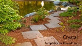  Presentation with garden pond - Presentation theme enhanced with house rock - outdoor landscape garden with pond background and a  colored foreground