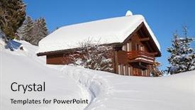  Presentation with house snow mountain - Presentation theme featuring house snow mountain - typical swiss winter season landscape background and a light gray colored foreground