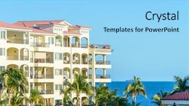  Presentation with sea sun - PPT layouts enhanced with house sun - fragment of a resort building background and a light blue colored foreground