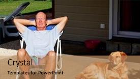  Presentation with dog house - Slide set having house sun - man relaxing with dog background and a coral colored foreground