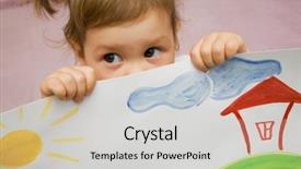  Presentation with children - Presentation design having house sun - small beautiful girl looks background and a light gray colored foreground