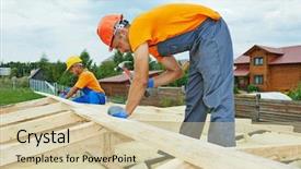  Presentation with construction work - Slide set with house truss - construction carpenters workers crew background and a soft green colored foreground