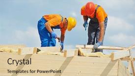  Presentation with wood roof - Amazing presentation design having house truss - two construction carpenters roofers workers backdrop and a lemonade colored foreground