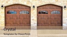  Presentation with luxury house - Colorful slides enhanced with toy plastic forklift hold block e to compose and fulfill wording peace on wood background backdrop and a gray colored foreground.