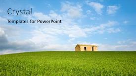  Presentation with green house - Presentation featuring house with green grass on the hill background and a light blue colored foreground