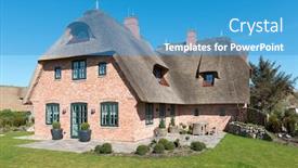  Presentation with roof - Presentation theme having house with thatched roof in front of blue sky background and a teal colored foreground