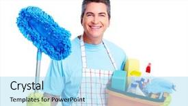  Presentation with kids doing science - Audience pleasing slides consisting of house work - handsome smiling man doing housework backdrop and a light blue colored foreground