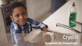  Presentation with kitchen - Colorful slides enhanced with house work - portrait of smiling boy washing backdrop and a coral colored foreground