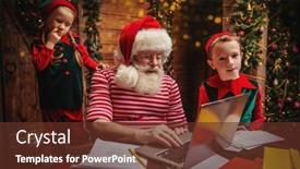  Presentation with elves - Colorful presentation theme enhanced with house-workshop-of-santa-claus backdrop and a tawny brown colored foreground