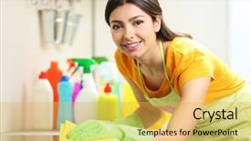  Presentation with pregnant woman cleaning - Theme featuring housecleaning - beautiful woman in protective gloves background and a yellow colored foreground