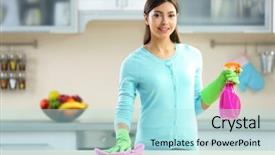  Presentation with cleaning - PPT theme having housecleaning - beautiful woman in protective gloves background and a arctic colored foreground