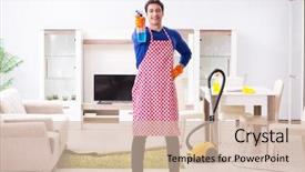  Presentation with contractor - Presentation design consisting of housecleaning - contractor man cleaning house doing background and a soft green colored foreground
