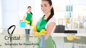  Presentation with detergent powders - Colorful slide deck enhanced with housecleaning - young female worker with bottle backdrop and a  colored foreground