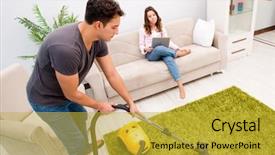  Presentation with home cleaning service - PPT theme enhanced with household - young family doing cleaning background and a gold colored foreground