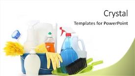  Presentation with household products - PPT theme featuring household cleaning products in a bucket with copy space background and a white colored foreground