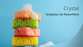  Presentation with dishwashing - PPT theme having household-cleaning-scrub-colored-sponges background and a light blue colored foreground