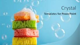 Presentation with dishwashing - PPT layouts with household-cleaning-scrub-colored-sponges background and a light blue colored foreground