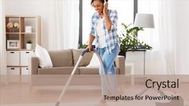  Presentation with cleaning - Presentation theme having household housework and cleaning concept background and a coral colored foreground