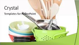  Presentation with cooking equipment - Cool new PPT layouts with household items - cooking equipment isolated on white backdrop and a  colored foreground