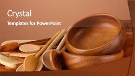  Presentation with cooking equipment kitchen utensils - Colorful presentation theme enhanced with household items - wooden kitchen utensils on table backdrop and a  colored foreground