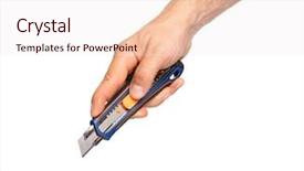  Presentation with hand holding colorful brain sketch - Amazing slide deck having household utilities - hand holding blue stationery knife backdrop and a sky blue colored foreground