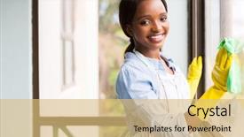  Presentation with cleaning - Amazing PPT theme having housekeeping - attractive african girl cleaning window backdrop and a yellow colored foreground