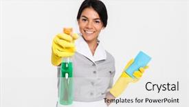  Presentation with rubber gloves - Beautiful PPT layouts featuring housekeeping - close-up portrait of professional housekeeper backdrop and a white colored foreground