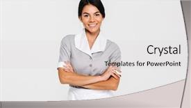  Presentation with housekeeping - Theme having housekeeping - close-up portrait of young smiling background and a light gray colored foreground