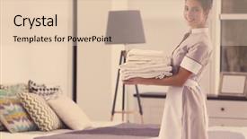  Presentation with clean - PPT theme having housekeeping - female chambermaid holding clean white background and a lemonade colored foreground