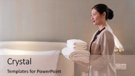  Presentation with modern chinese - Theme having housekeeping - young chinese woman housekeeper makes background and a coral colored foreground