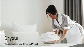  Presentation with five star hotel for client - Amazing slides having housekeeping - young hotel maid putting stack backdrop and a light gray colored foreground
