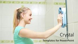  Presentation with housekeeping - Beautiful slides featuring housekeeping concept - happy woman cleaning backdrop and a soft green colored foreground