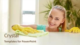 Presentation with housekeeping - PPT theme having housekeeping concept - happy woman cleaning background and a soft green colored foreground