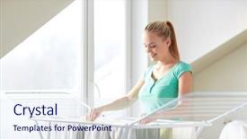  Presentation with housekeeping - Colorful PPT layouts enhanced with housekeeping concept - happy woman hanging backdrop and a sky blue colored foreground