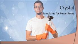  Presentation with dark blue stars and glitter - Slides featuring housekeeping equipments - glittered blue background with male background and a light blue colored foreground