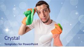  Presentation with dark blue stars and glitter - Slide set featuring housekeeping equipments - glittered blue background with male background and a sky blue colored foreground