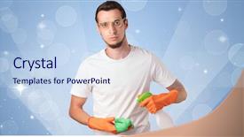  Presentation with blue - Beautiful slide deck featuring housekeeping equipments - glittered blue background with male backdrop and a sky blue colored foreground
