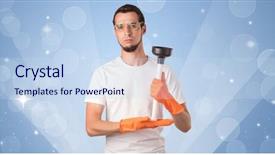  Presentation with blue - PPT theme featuring housekeeping equipments - glittered blue background with male background and a sky blue colored foreground