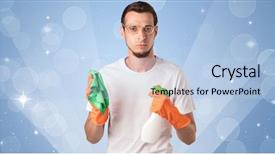  Presentation with blue - Slides consisting of housekeeping equipments - glittered blue background with male background and a light blue colored foreground