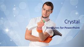  Presentation with housekeeping - Slides featuring housekeeping equipments - glittered blue background with male background and a light blue colored foreground