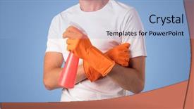  Presentation with housekeeping - PPT theme enhanced with housekeeping equipments - housekeeper with cleaning product background and a light blue colored foreground