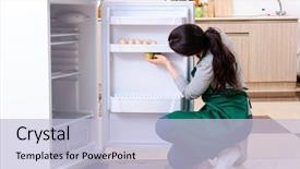  Presentation with housekeeping - Slide set consisting of housekeeping equipments - young woman cleaning fridge background and a light blue colored foreground