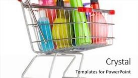  Presentation with supermarket shopping cart buying food - Presentation having housekeeping malls - shopping cart with detergent bottles background and a white colored foreground