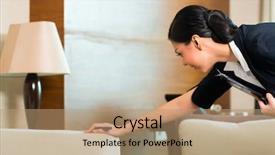  Presentation with hotel housekeeping - Beautiful slide set featuring housekeeping manager or assistant controlling backdrop and a coral colored foreground