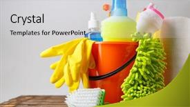  Presentation with light - Amazing theme having housekeeping safety - bucket with cleaning items backdrop and a light gray colored foreground