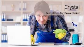  Presentation with personal data - Cool new PPT theme with housekeeping safety - hacker under cleaner cover stealing backdrop and a soft green colored foreground