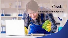  Presentation with personal data - Presentation featuring housekeeping safety - hacker under cleaner cover stealing background and a mint green colored foreground