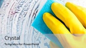  Presentation with cleaning - Presentation enhanced with housekeeping safety - hand in yellow protective glove background and a light blue colored foreground