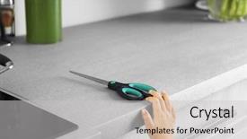  Presentation with housekeeping - Presentation theme with housekeeping safety - little girl playing with scissors background and a light gray colored foreground